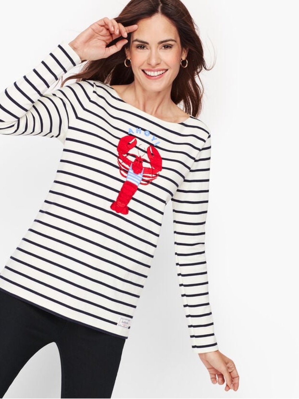 Talbots Striped Long-Sleeve Top with Red Lobster Embroidered